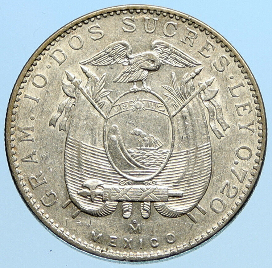 1944 ECUADOR Antonio Jose de Sucre y Alcala VINTAGE Silver 2 Sucres Coin i97022