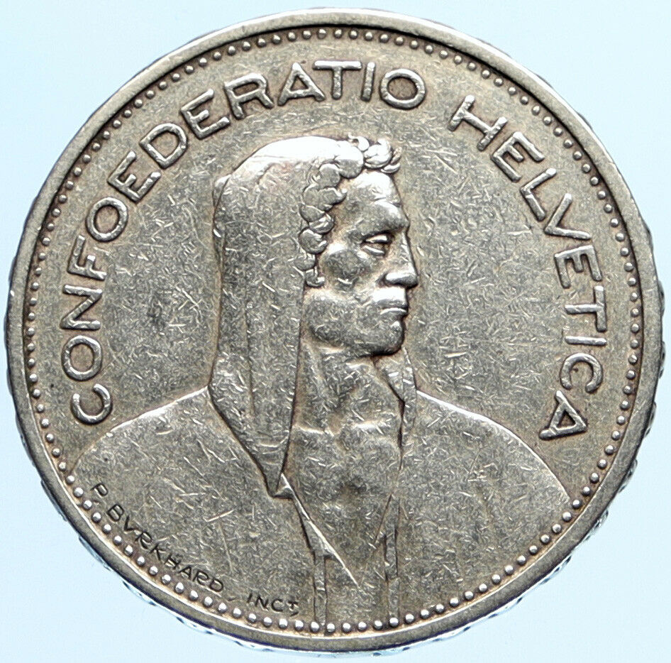 1933 B Switzerland Founding HERO WILLIAM TELL 5 Francs Silver Swiss Coin i96988