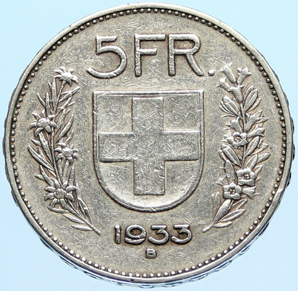 1933 B Switzerland Founding HERO WILLIAM TELL 5 Francs Silver Swiss Coin i96988