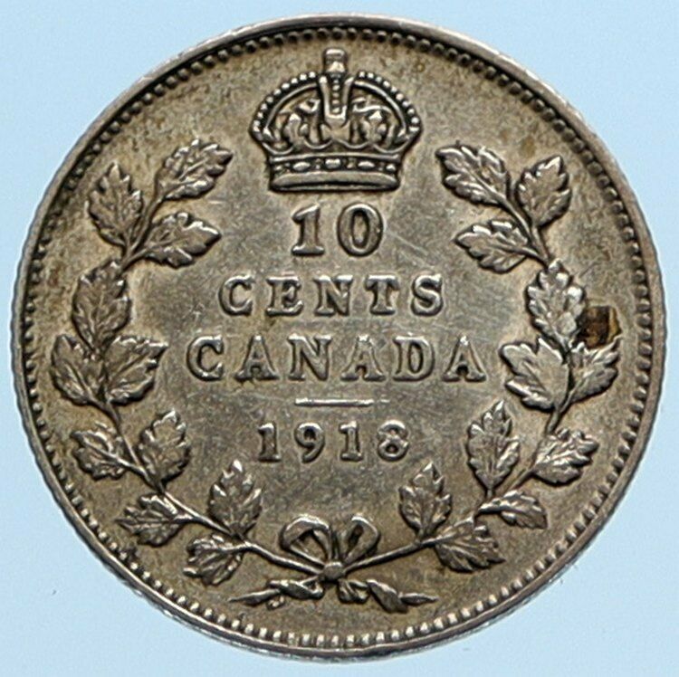 1918 CANADA King GEORGE V Original Genuine Antique Silver 10 Cents Coin i97020