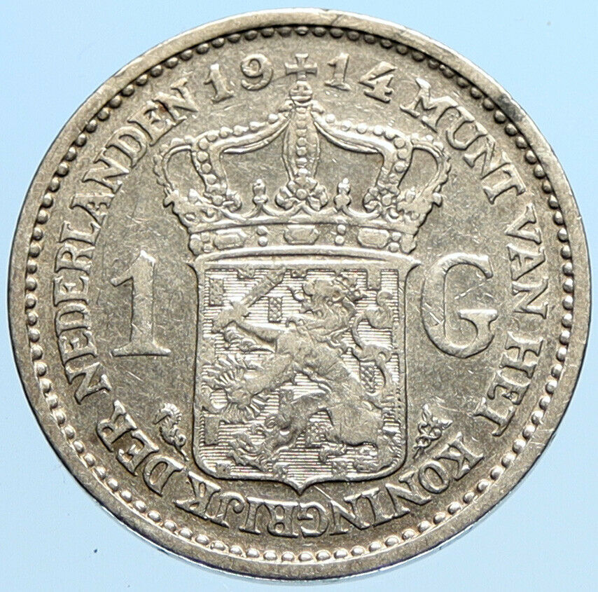 1914 NETHERLANDS Kingdom w Queen WILHELMINA VINTAGE Silver 1 Gulden Coin i97028