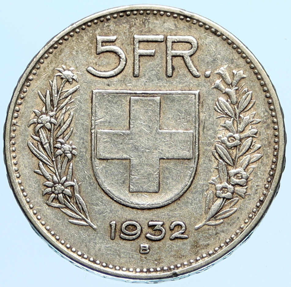 1932 B Switzerland Founding HERO WILLIAM TELL 5 Francs Silver Swiss Coin i97035