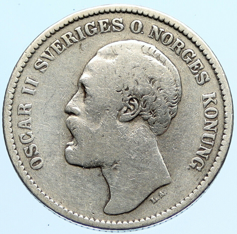 1878 SWEDEN King Oscar II Antique Silver 2 Kronor SWEDISH Vintage Coin i97032