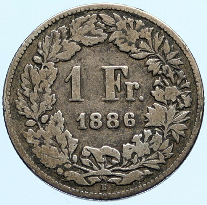 1886 B SWITZERLAND HELVETIA Symbolizes SWISS Nation SILVER 1 Franc Coin i97003