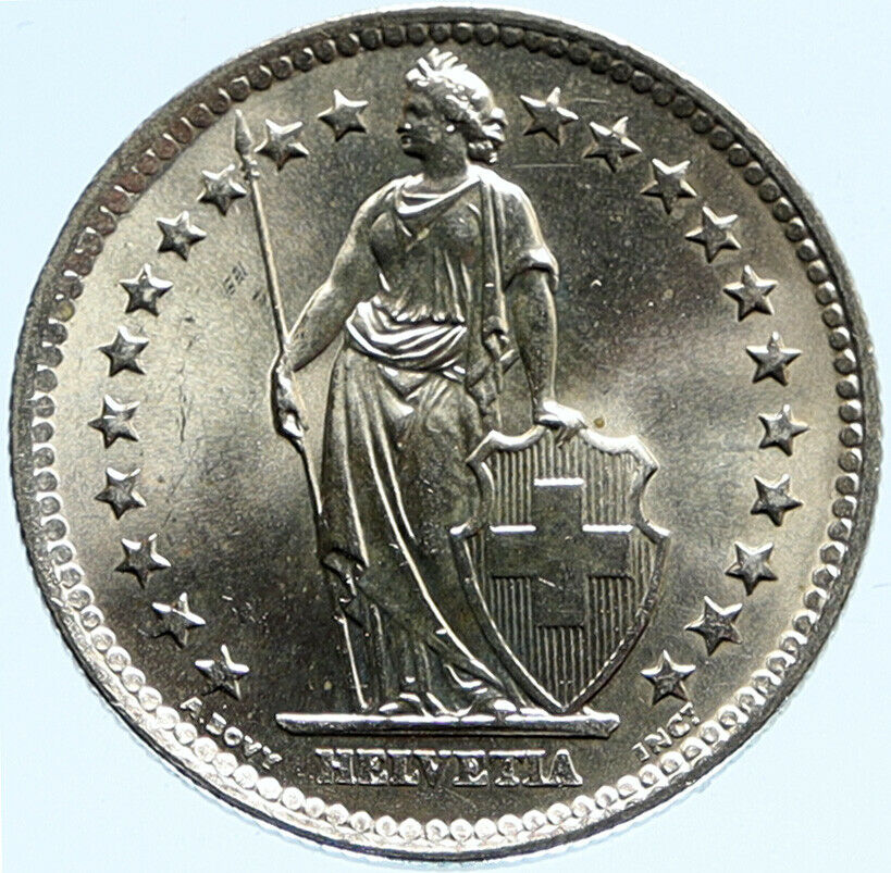 1963B SWITZERLAND - SILVER 2 Francs Coin HELVETIA Symbolizes SWISS Nation i96754