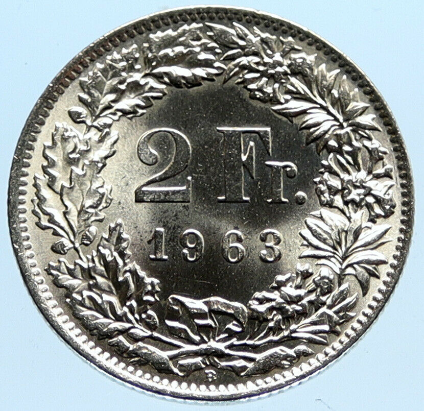 1963B SWITZERLAND - SILVER 2 Francs Coin HELVETIA Symbolizes SWISS Nation i96754