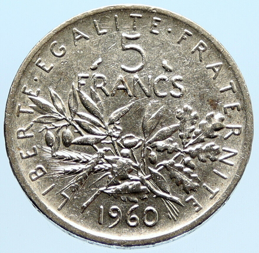 1960 FRANCE La Semeuse French SOWER WOMAN Old LARGE Silver 5 Francs Coin i96615