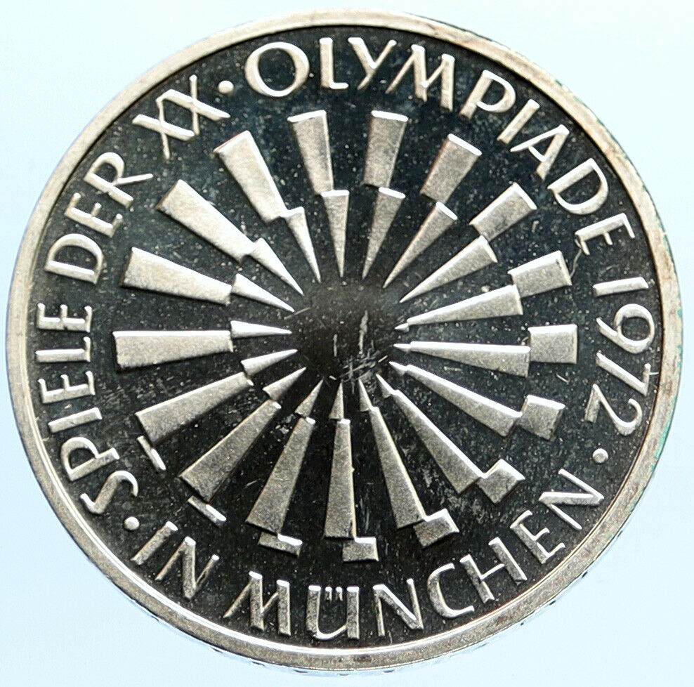 1972F Germany Munich Summer Olympic Games SPIRAL PRF Silver 10 Mark Coin i96789