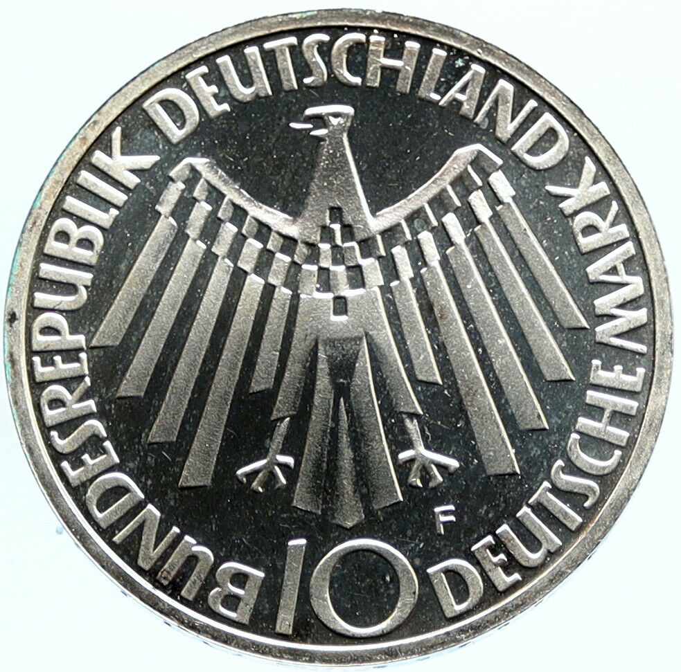 1972F Germany Munich Summer Olympic Games SPIRAL PRF Silver 10 Mark Coin i96789