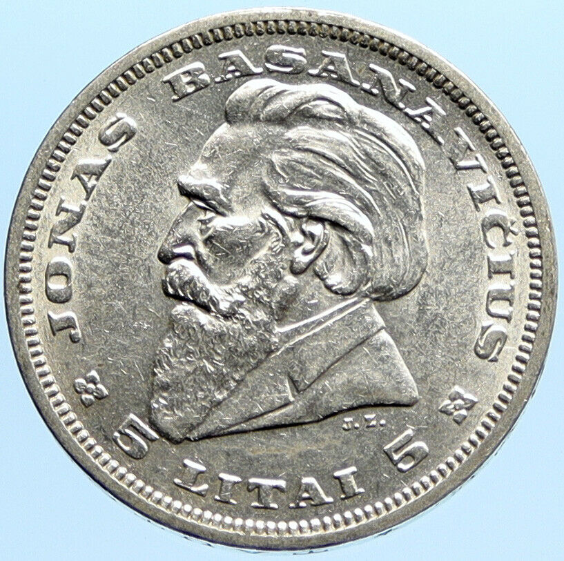 1936 LITHUANIA Silver 5 Litai JONAS BASANAVICIUS Vintage Lithuanian Coin i96788