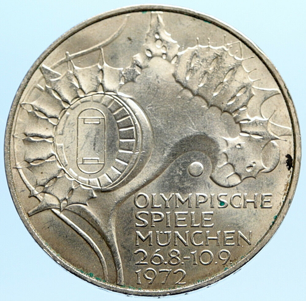 1972 J GERMANY Munich Summer Olympics Games Schleife 10 Mark Silver Coin i96784