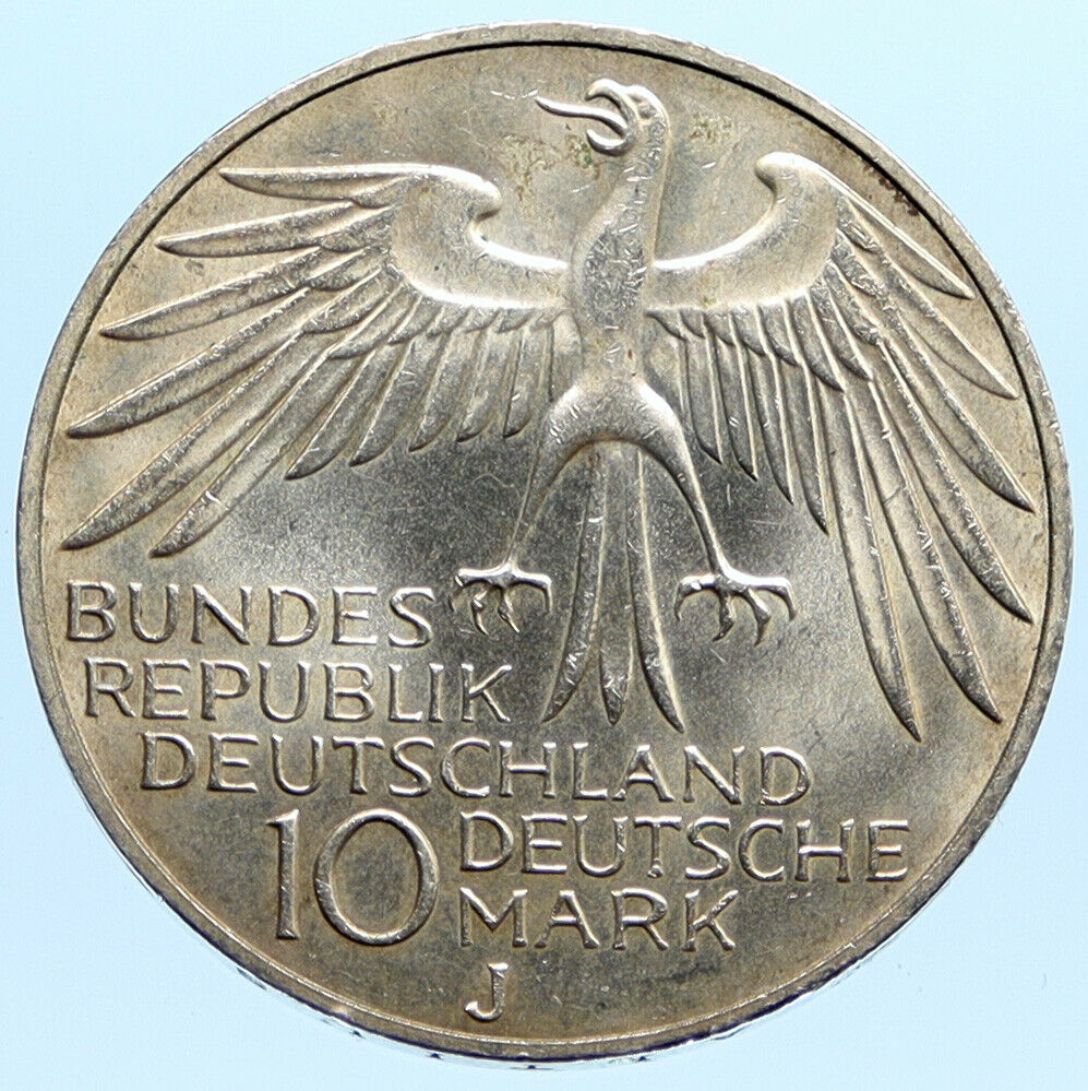 1972 J GERMANY Munich Summer Olympics Games Schleife 10 Mark Silver Coin i96784