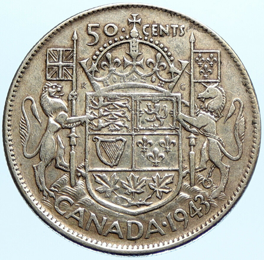 1943 CANADA UK King GEORGE VI Lions Crown Large Old SILVER 50 Cents Coin i96790