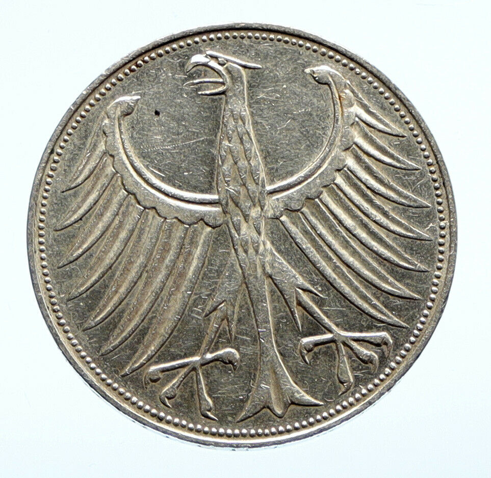 1969 D GERMANY Large 5 Mark Silver Vintage OLD Genuine Eagle German Coin i96465