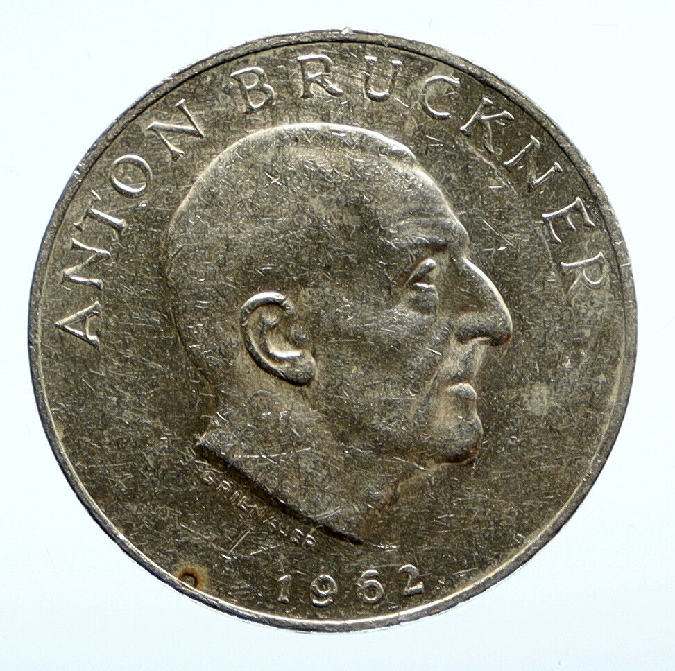 1962 AUSTRIA Composer ANTON BRUCKNER Old Antique Silver 25 Schilling Coin i96455