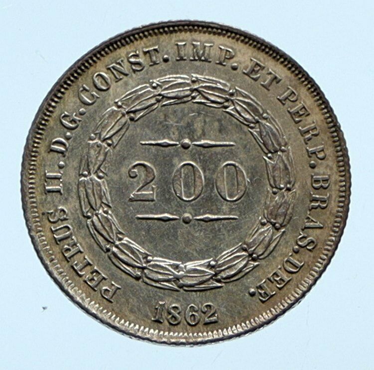 1862 BRAZIL w King Dom Pedro II Antique Brazilian Silver 200 Reis Coin i96464