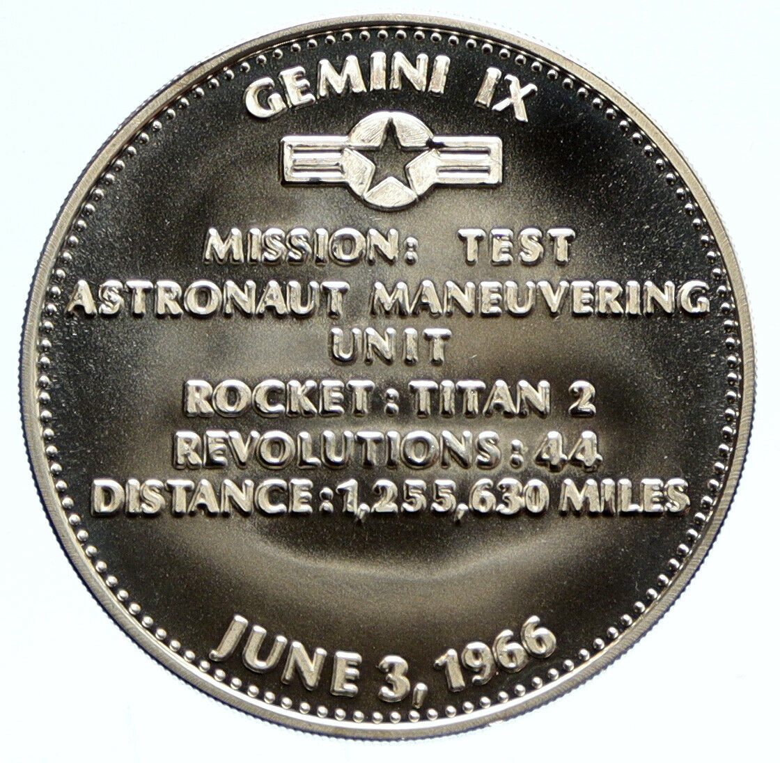 1970's USA NASA Gemini IX Moon ASTRONAUT Maneuver Test Proof Silver MEDAL i96373