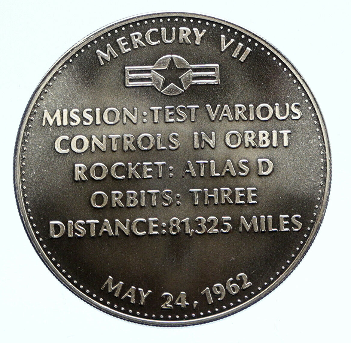 1970's USA NASA Mercury VII Atlas ASTRONAUT CARPENTER Proof Silver MEDAL i96362