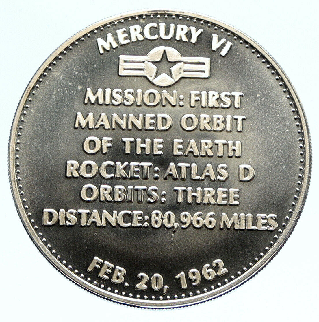 1970's USA NASA Mercury VI ASTRONAUT GLENN First Man Proof Silver MEDAL i96358