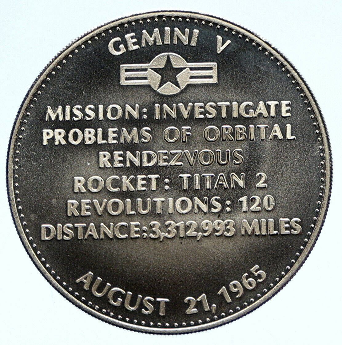 1970's USA NASA Gemini V First Long Flight ASTRONAUTS Proof Silver MEDAL i96361