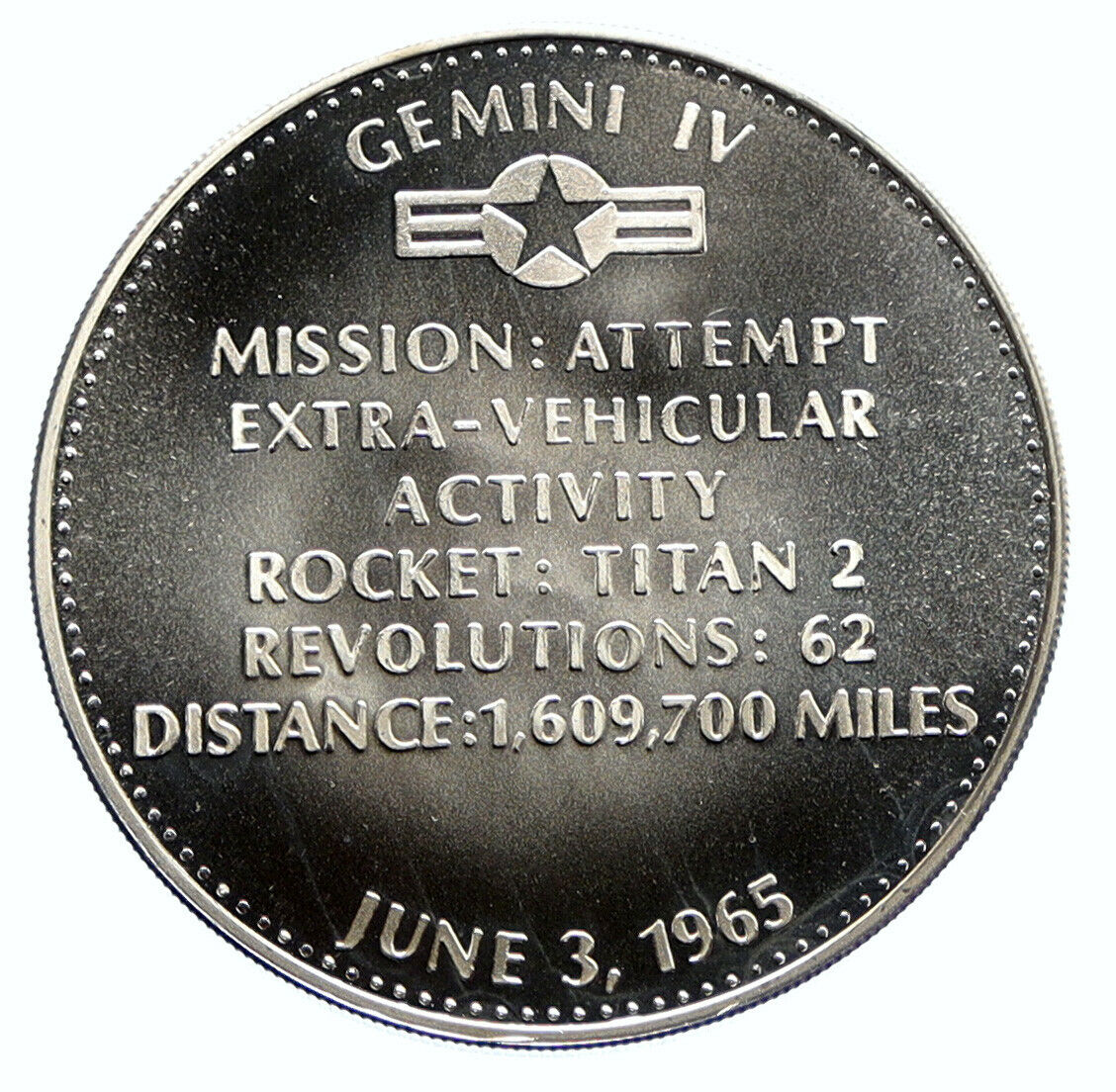 1970's USA NASA Gemini IV First ASTRONAUTS Space Walk Proof Silver MEDAL i96360