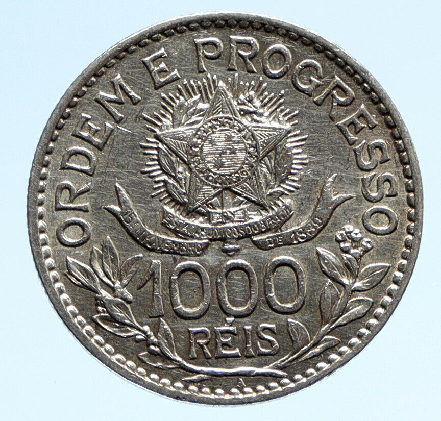 1913 BRAZIL Stars and LIBERTY Silver Genuine 1000 Reis OLD Brazilian Coin i96232