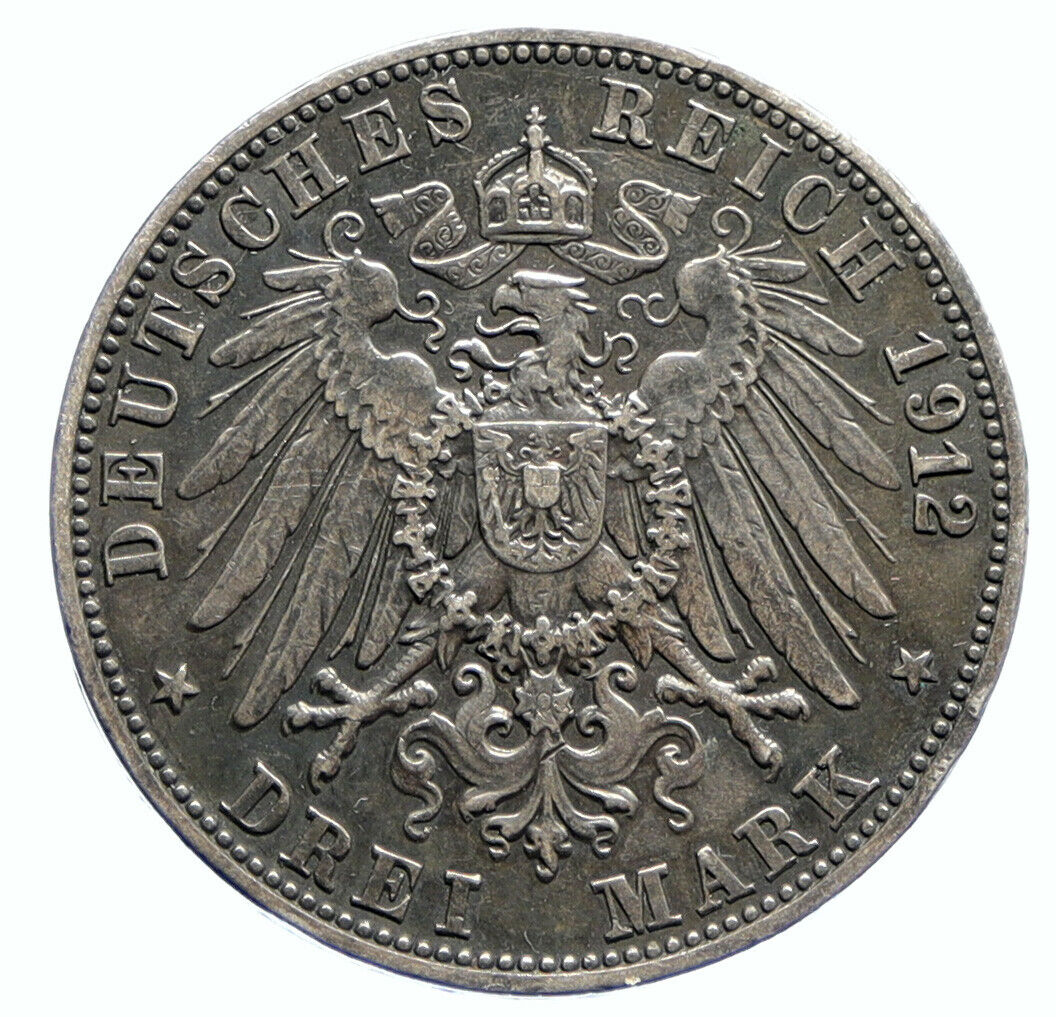 1912 GERMANY GERMAN STATE BADEN King Friedrich II OLD Silver 3 Mark Coin i96243