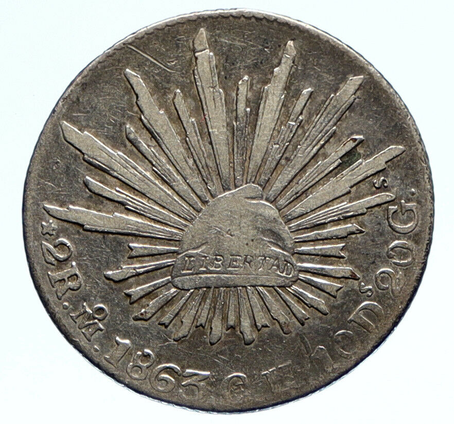 1863 Mo MEXICO SPAIN Eagle & Liberty CAP Silver Antique 2 Reales OLD Coin i96230