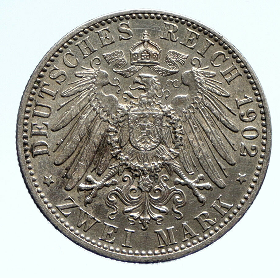 1902 GERMANY GERMAN STATE BADEN King Friedrich I ANTIQUE Silver 2 Mk Coin i96242