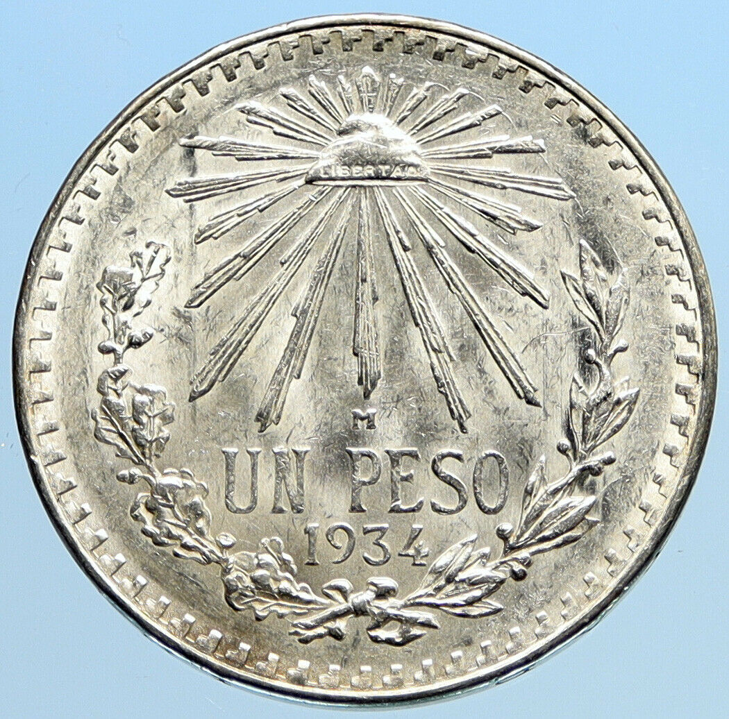 1934 M MEXICO Large Eagle Liberty Cap Mexican Antique Silver 1 Peso Coin i96934