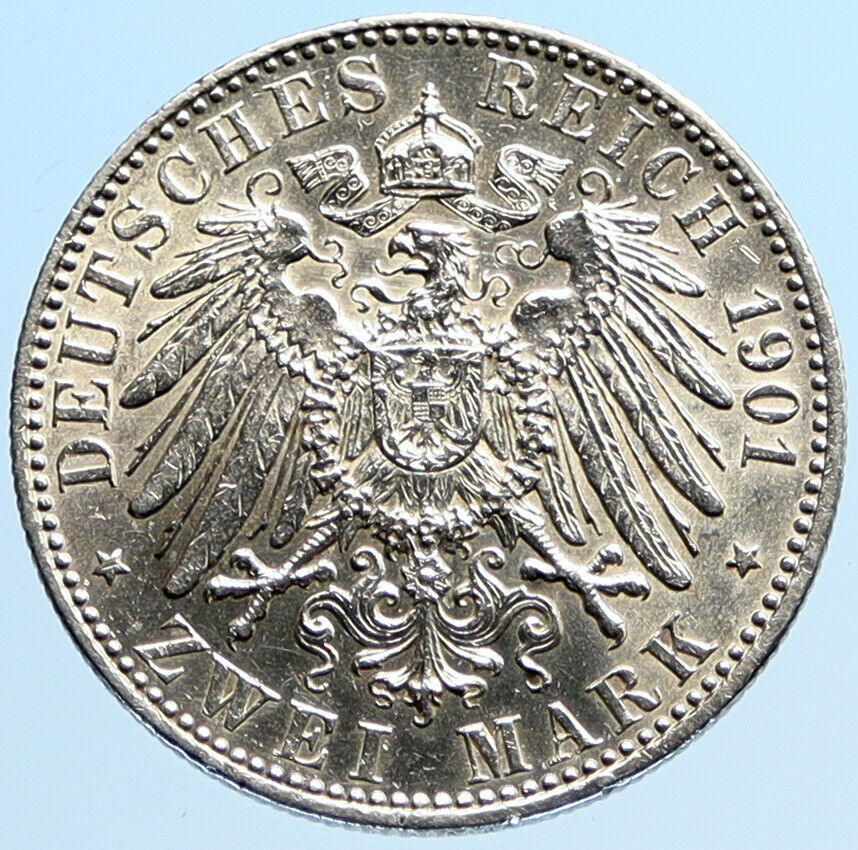 1901A Germany PRUSSIA KINGDOM Wilhelm II & Frederick I Silver 2 Mark Coin i96927