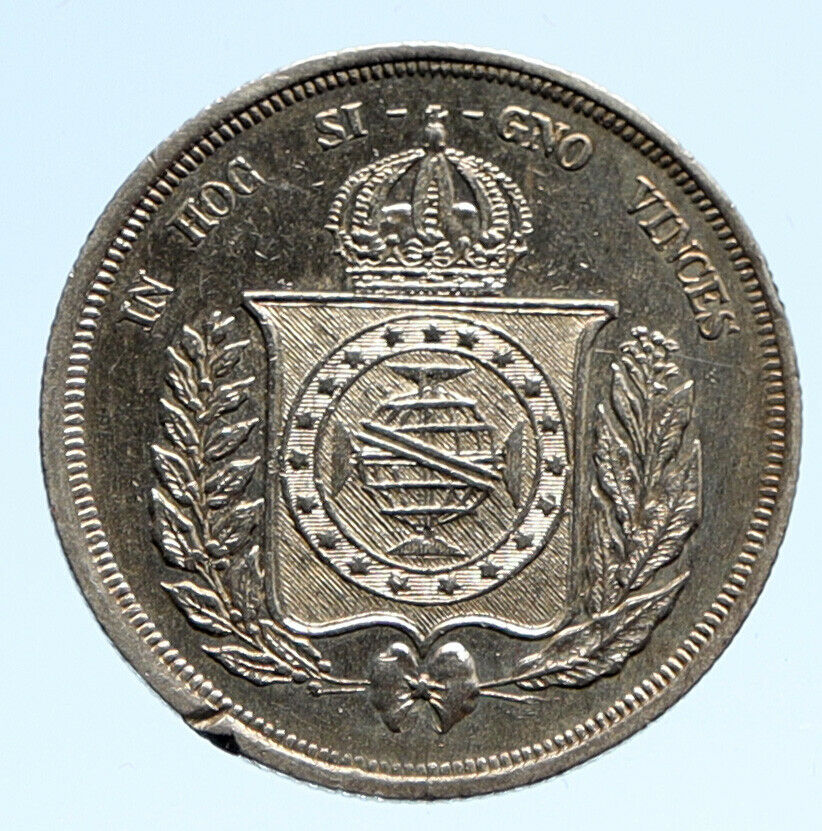 1863 BRAZIL Antique Brazilian Coat-Of-Arms Genuine Silver 500 Reis Coin i96233