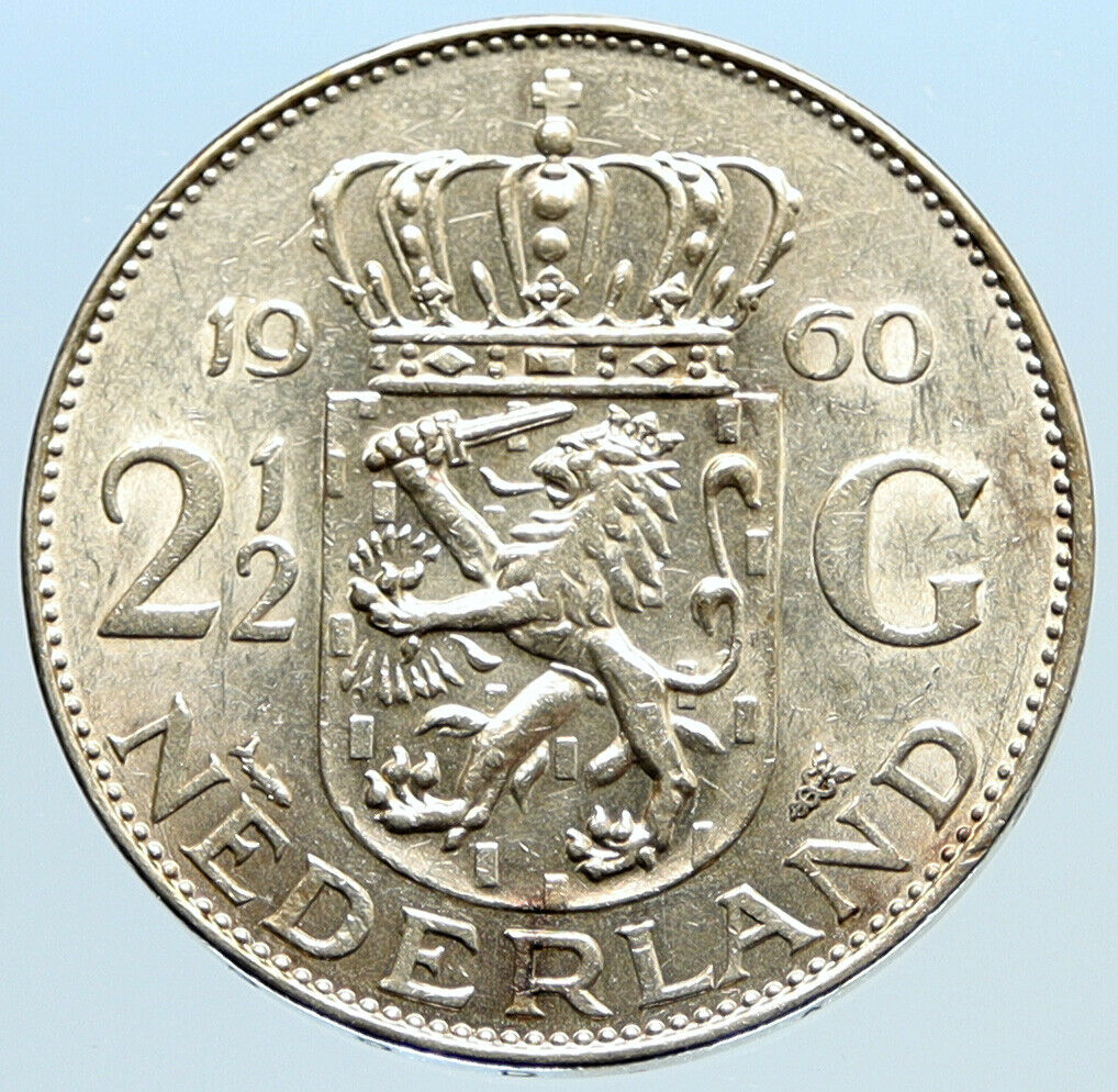 1960 Netherlands Kingdom Queen JULIANA Authentic Silver 2 1/2 Gulden Coin i96864