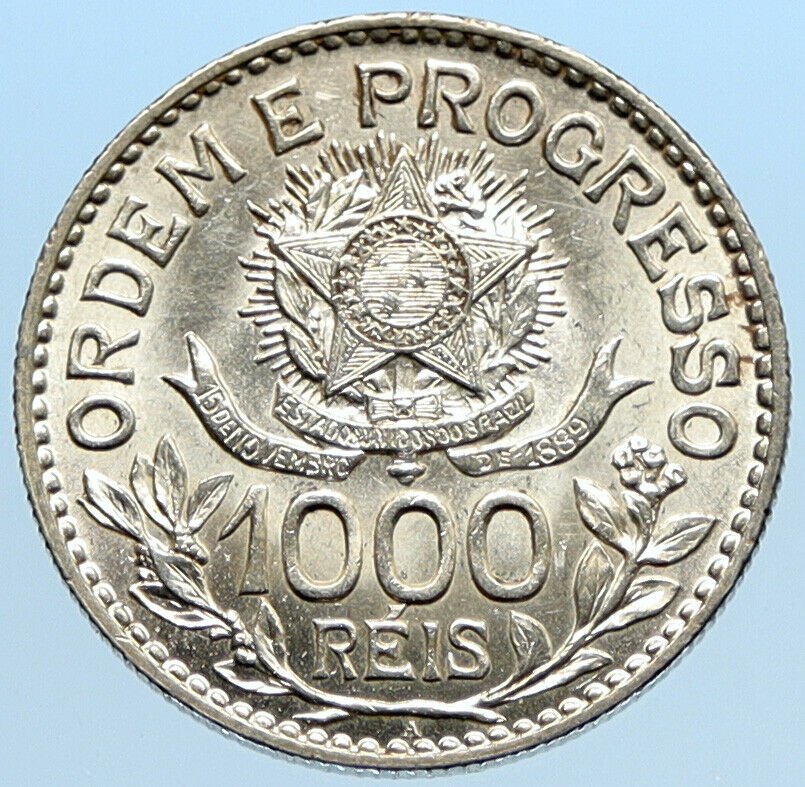 1913 BRAZIL Stars and LIBERTY Silver Genuine 1000 Reis OLD Brazilian Coin i96843