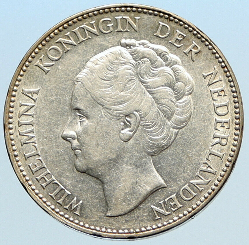 1939 Netherlands Kingdom w Queen WILHELMINA VINTAGE Silver 1 Gulden Coin i96860