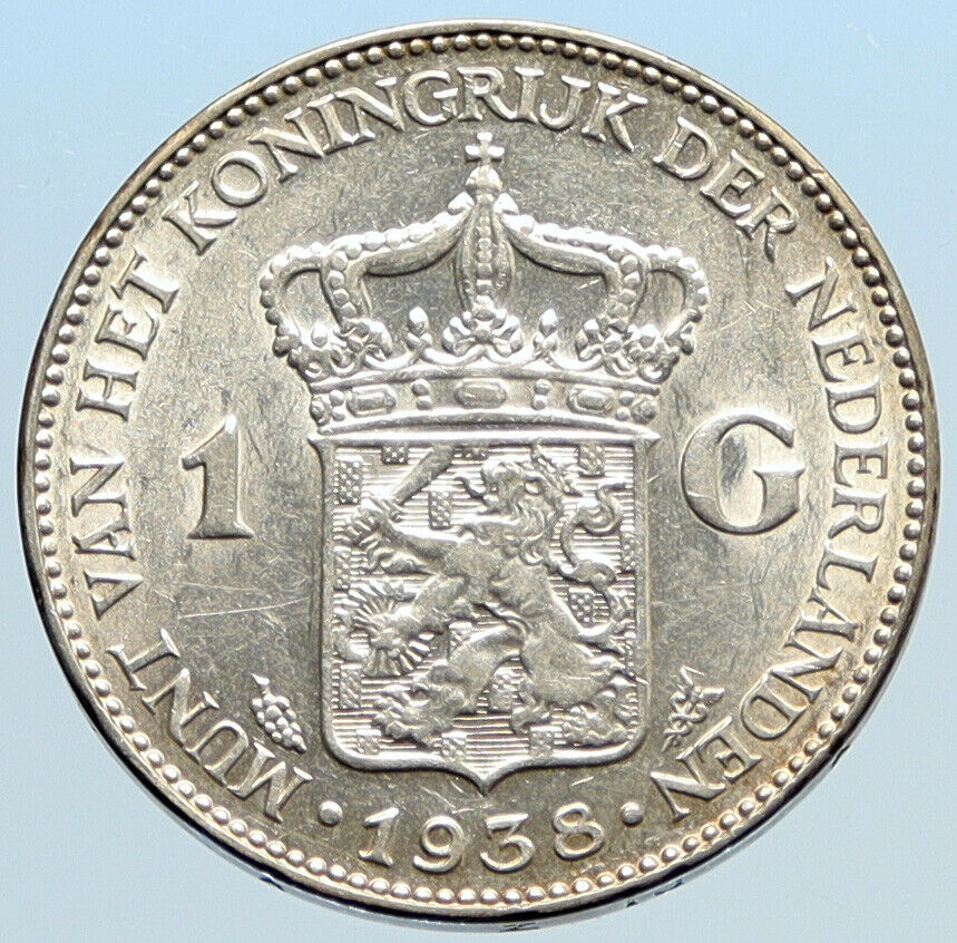 1939 Netherlands Kingdom w Queen WILHELMINA VINTAGE Silver 1 Gulden Coin i96860