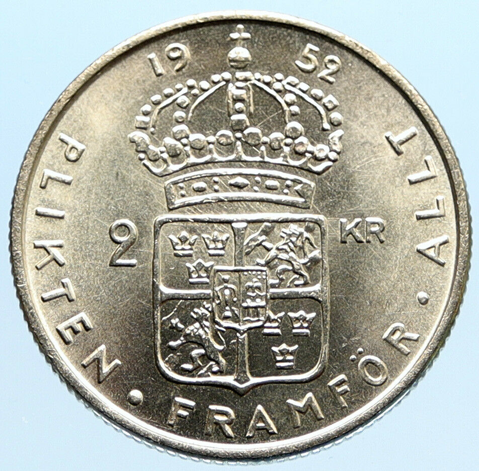 1952 SWEDEN King GUSTAV VI ADOLF 2 Kronor LARGE Silver SWEDISH Coin i96845