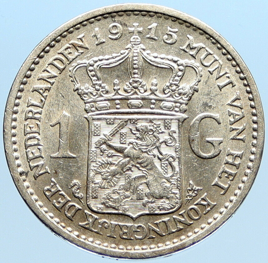 1915 Netherlands Kingdom w Queen WILHELMINA VINTAGE Silver 1 Gulden Coin i96851