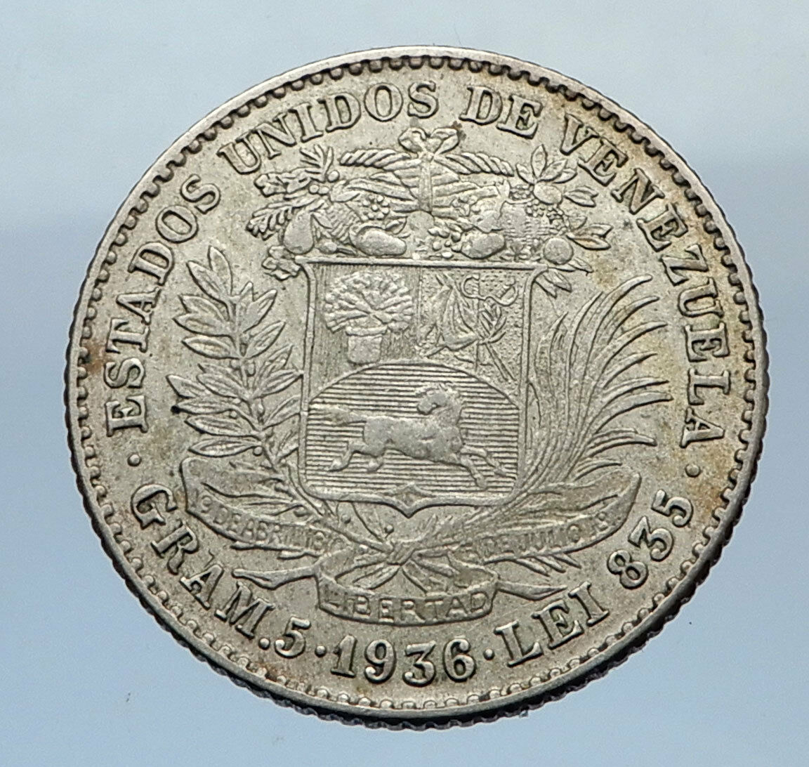 1936 Freemason President Simon Bolivar VENEZUELA Founder Silver Coin i69351