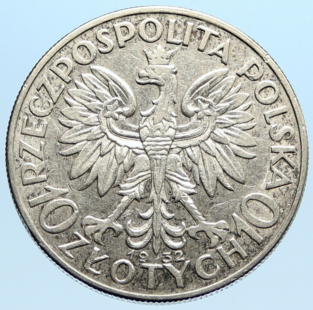 1932 POLAND Queen Jadwiga & Eagle Polish Antique Silver 10 Zlotych Coin i96844