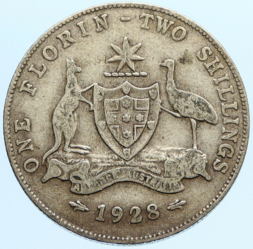 1928 AUSTRALIA UK King George V Kangaroos Old VINTAGE Silver Florin Coin i96828