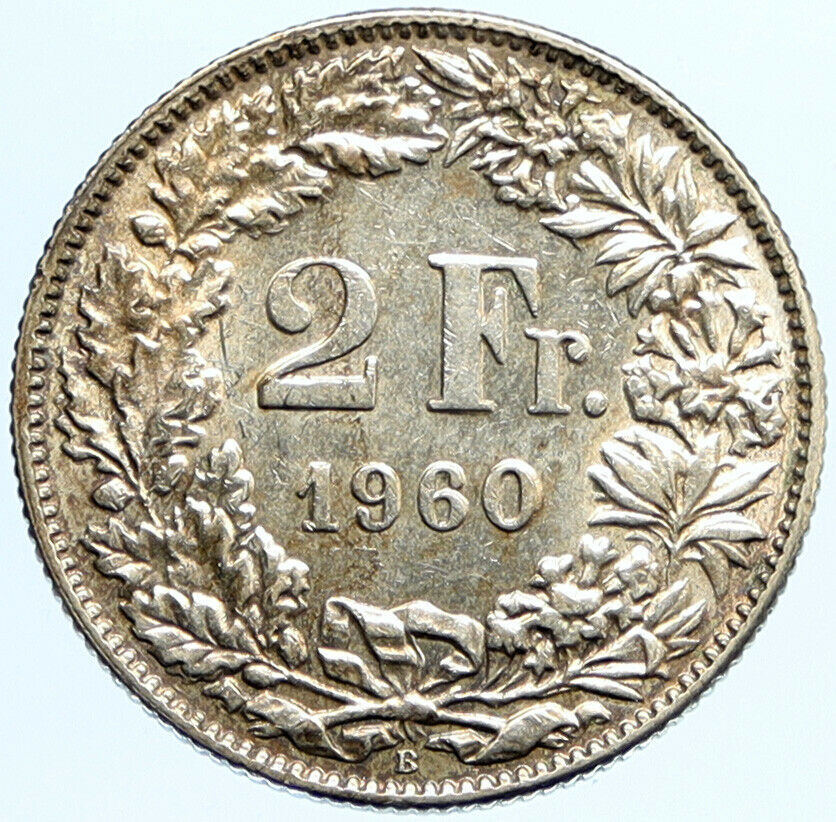 1960B SWITZERLAND - SILVER 2 Francs Coin HELVETIA Symbolizes SWISS Nation i96833