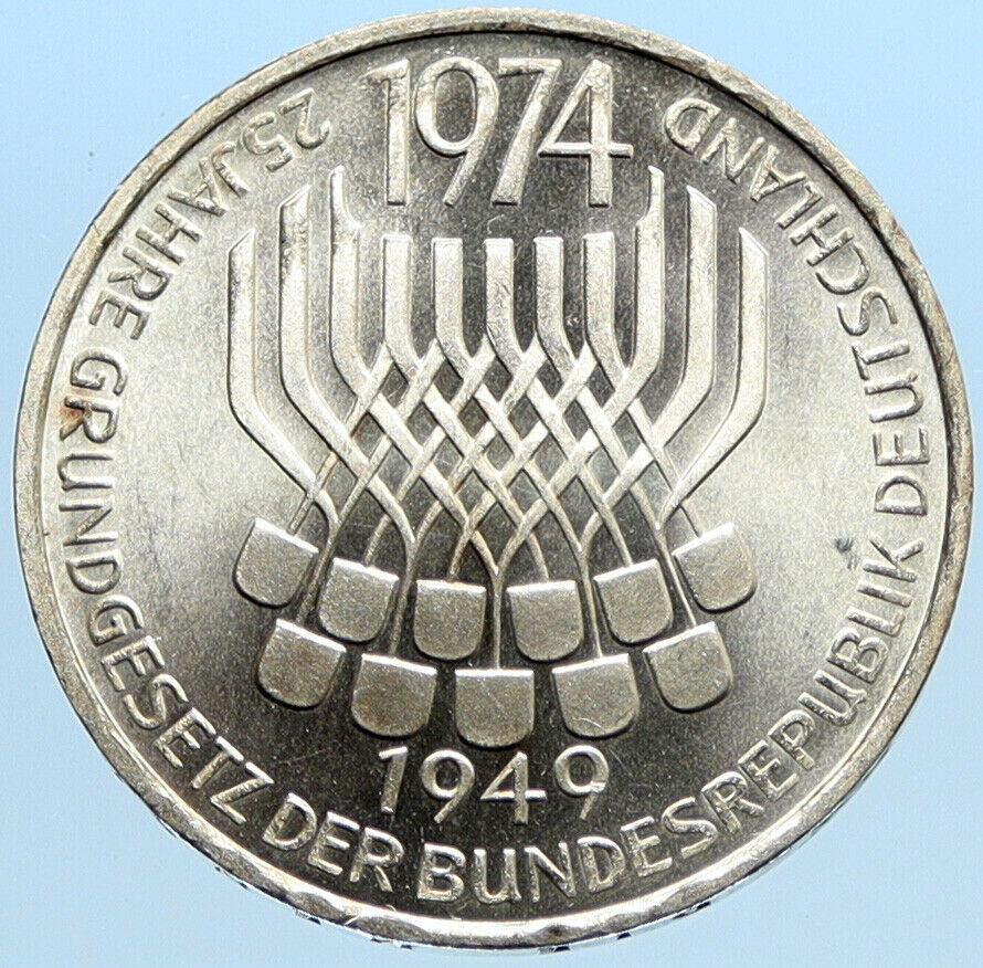 1974 F GERMANY 25 Years Federal Constitution Law OLD BU Silver 5 Mark i96837