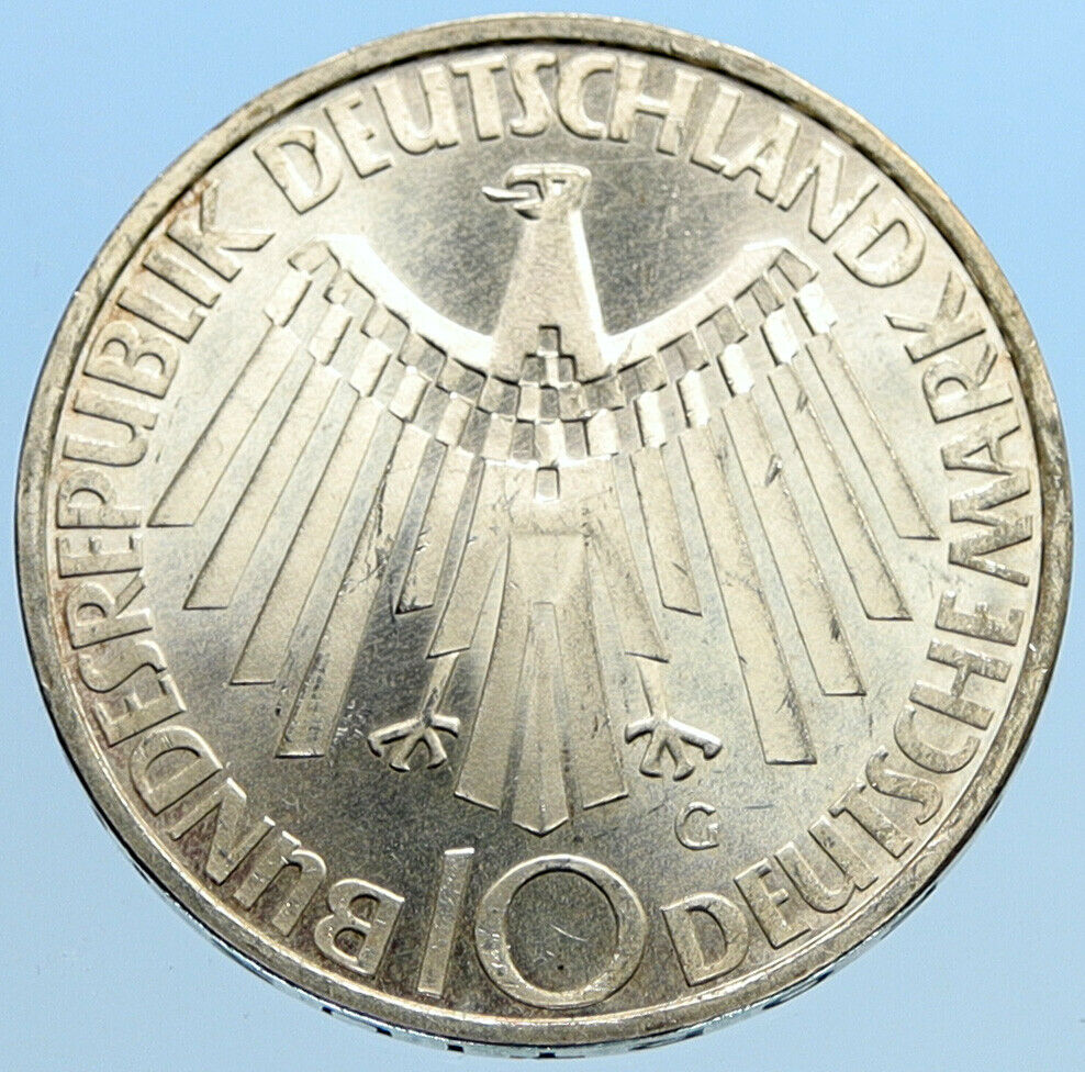 1972 G Germany Munich Summer Olympic Games SPIRAL OLD Silver 10 Mark Coin i96897