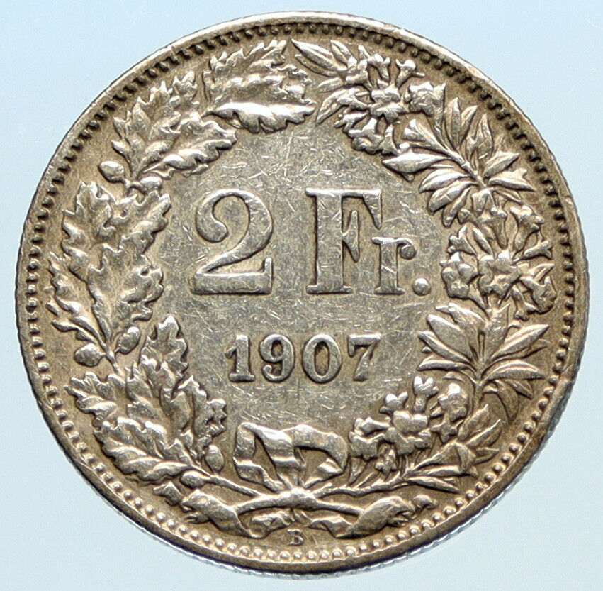 1907 B SWITZERLAND SILVER 2 Francs Coin HELVETIA Symbolizes SWISS Nation i96867