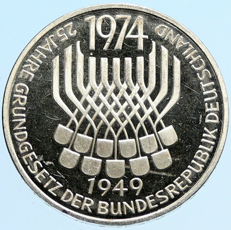 1974 F GERMANY 25 Years Federal Constitution Law OLD Proof Silver 5 Mark i96887