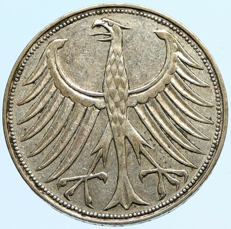 1951 D GERMANY Vintage Winged Eagle OLD German Large 5 Mark Silver Coin i96907