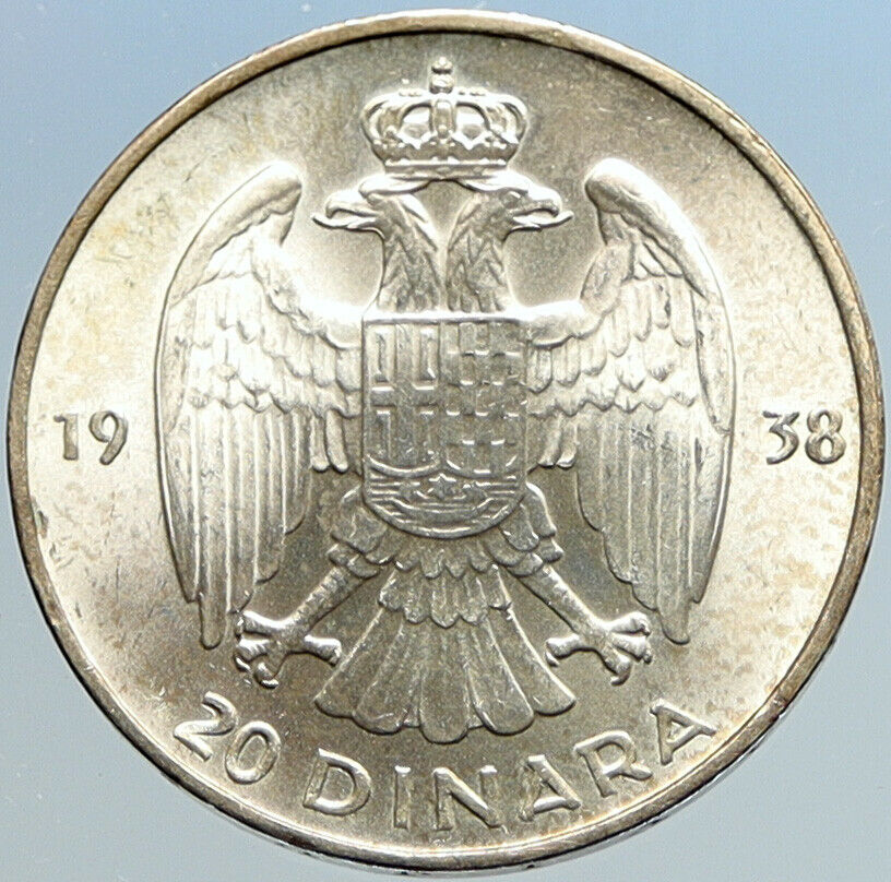 1938 YUGOSLAVIA King Peter II Eagle Antique VINTAGE Silver 20 Dinara Coin i96886