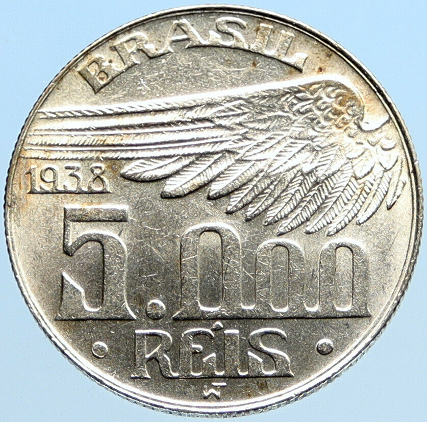 1938 BRAZIL Alberto Santos Dumont AVIATION Antique Silver 5000 Reis Coin i96903