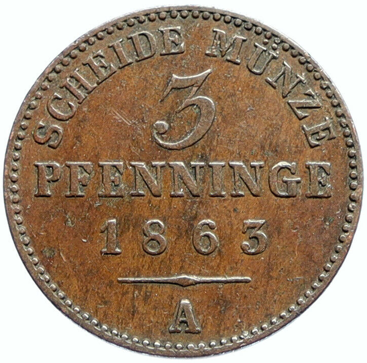 1863 A GERMAN STATES PRUSSIA King WILHELM I Antique OLD 3 Pfenninge Coin i96894